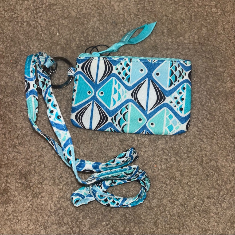 Vera Bradley fish Blue Geometric Pattern coin purse lanyard
